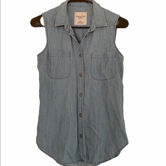 AEO Chambray Button Up Sleeveless Top Cutout Back - Picture 1 of 7